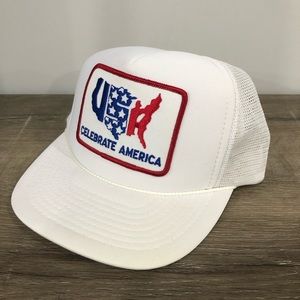 RARE! Vintage Trucker Hat USA Celebrate America White Snapback Cap Unique!